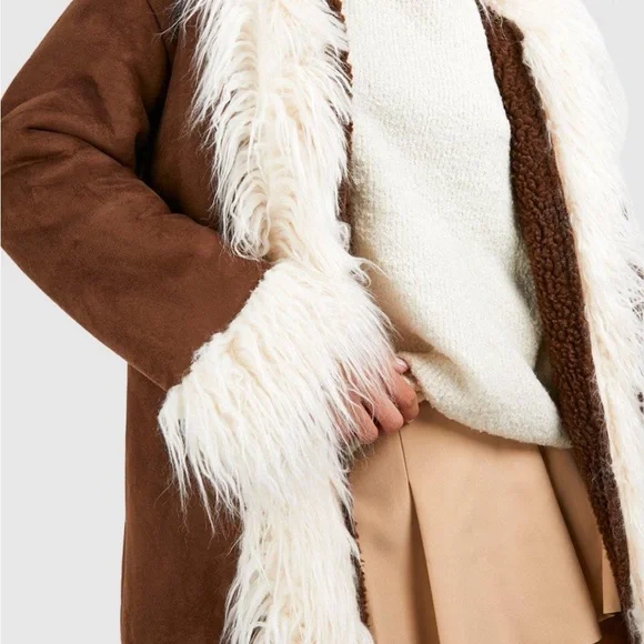FAUX WHITE FUR TRIM BROWN SUEDETTE COAT - Picture 2 of 6